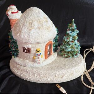 Vintage 1974 ceramic lighted Christmas igloo and tree on base with pegs
